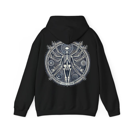 Skeleton Living Is Power Hoodie, Artistic Hoodie, Bold Skeleton Design, Empowering Streetwear, Living Is Power Merch