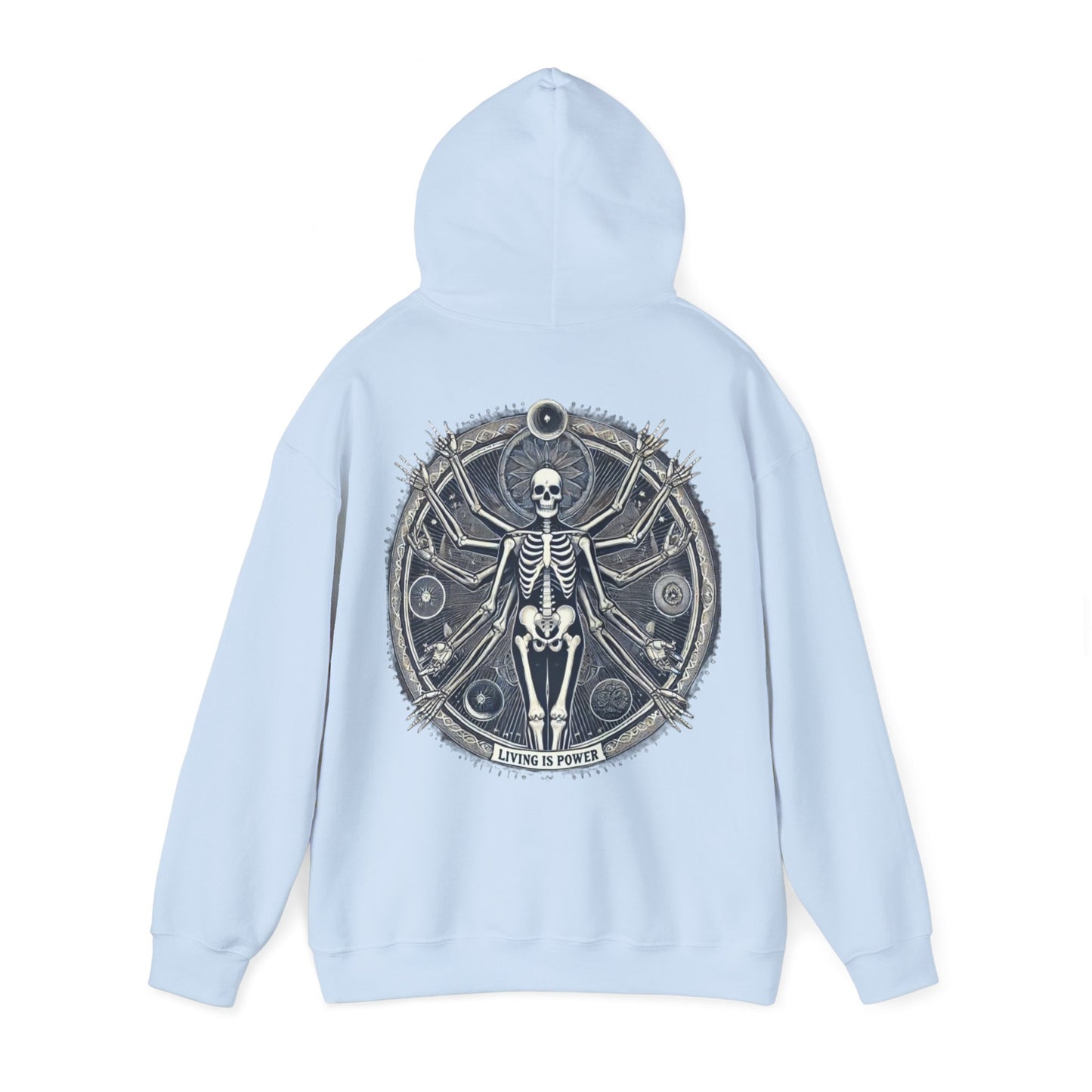 Skeleton Living Is Power Hoodie, Artistic Hoodie, Bold Skeleton Design, Empowering Streetwear, Living Is Power Merch