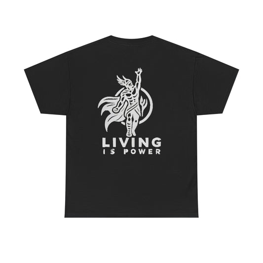 Viking Warrior Logo White on Black Living Is Power Tee, Nordic style, Power within