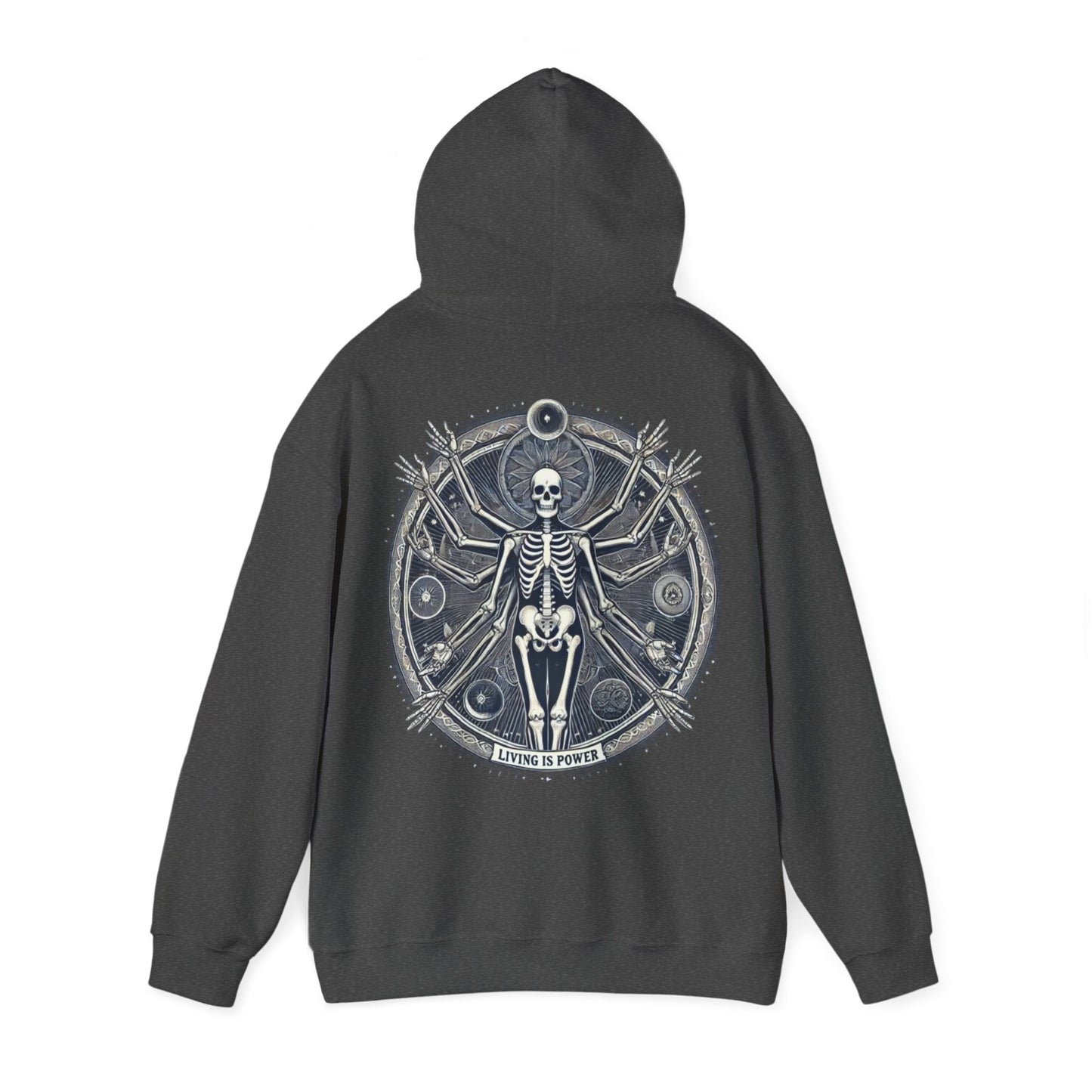 Skeleton Living Is Power Hoodie, Artistic Hoodie, Bold Skeleton Design, Empowering Streetwear, Living Is Power Merch